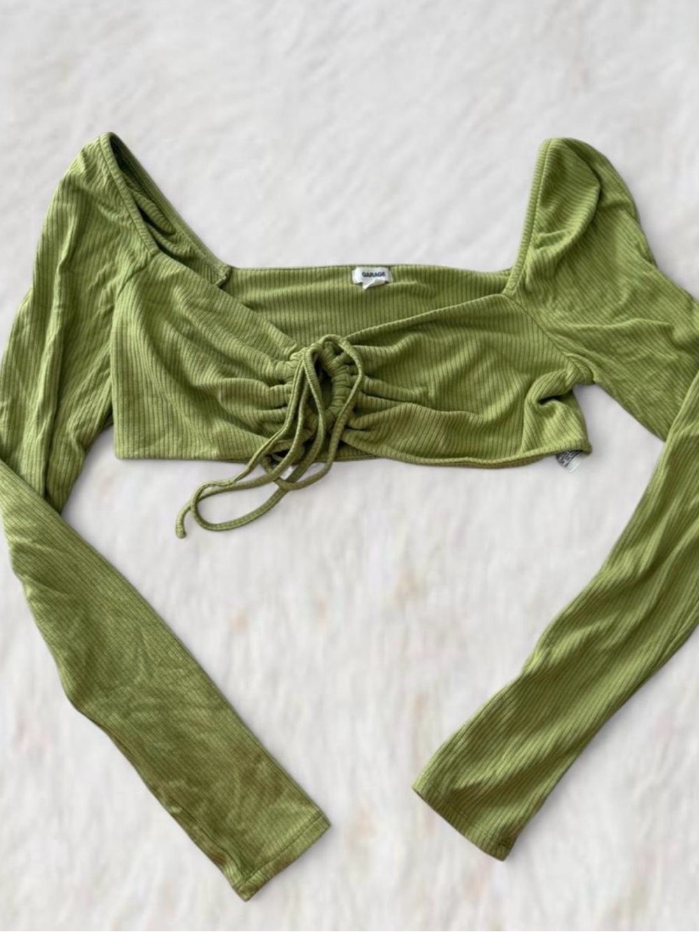Garage Olive Green Ribbed Drawstring Long-Sleeve Crop Top